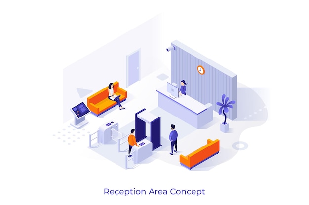 Plantilla conceptual con personas en la sala del vestíbulo Escena para herramientas y equipos de seguridad de muebles para el área de recepción hall de entrada lugar público o ubicación Ilustración vectorial isométrica moderna