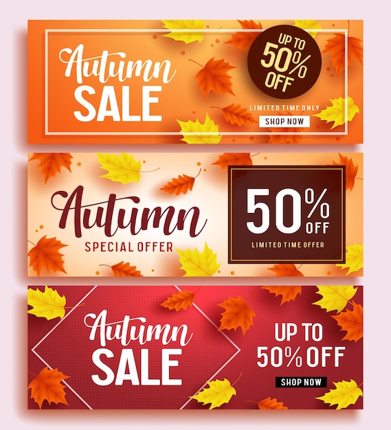 Plantilla de conjunto de banner de vector de venta de otoño con fondo de hojas de arce colorido y texto de venta para otoño