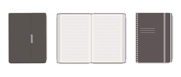 plantilla de conjunto de diario vectorial realista cuaderno con una página abierta en blanco en una línea un cuaderno