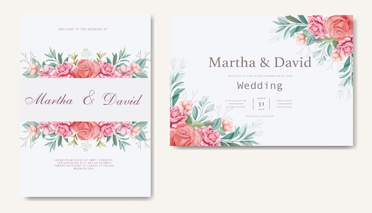 Plantilla de conjunto de invitación de boda con hermosas flores y hojas