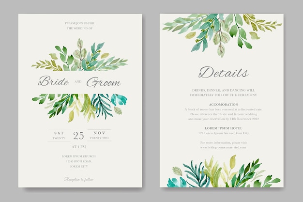 Plantilla de conjunto de invitación de boda con hojas de acuarela