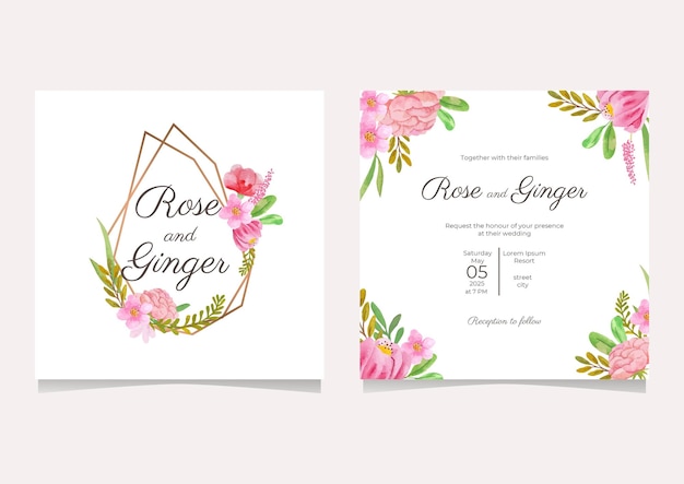 Plantilla de conjunto de invitación de boda de ilustración floral acuarela