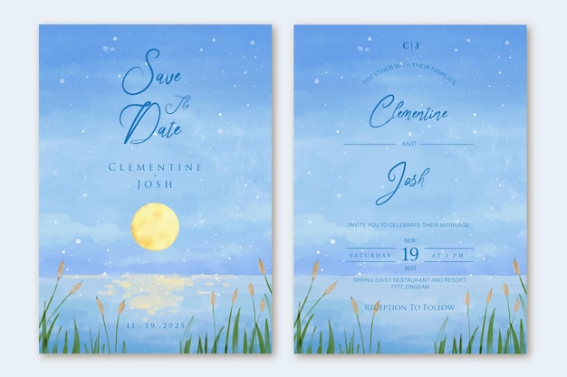 Vector plantilla de conjunto de invitación de boda de luna llena de playa de cielo nocturno de acuarela