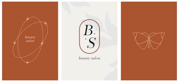 Plantilla de conjunto de logotipo de estilo minimalista lineal con siuet de mariposa, infografía y letras b y s. cuidado de la piel, salón de belleza, cosméticos orgánicos, estampados y tarjetas.