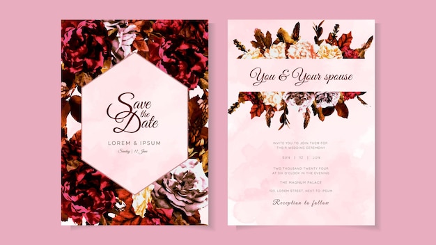 Plantilla de conjunto de marco de tarjeta de invitación de matrimonio de flores hermosas