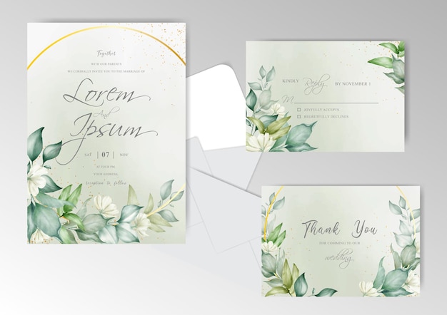 Plantilla de conjunto de tarjeta de invitación de boda acuarela