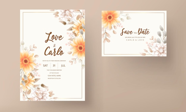 Plantilla de conjunto de tarjeta de invitación de boda floral marrón