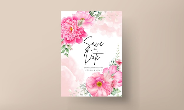 Plantilla de conjunto de tarjeta de invitación de boda con hermosas flores y hojas de acuarela