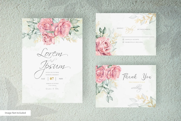 Plantilla de conjunto de tarjeta de invitación de boda vintage con flores y hojas dibujadas a mano