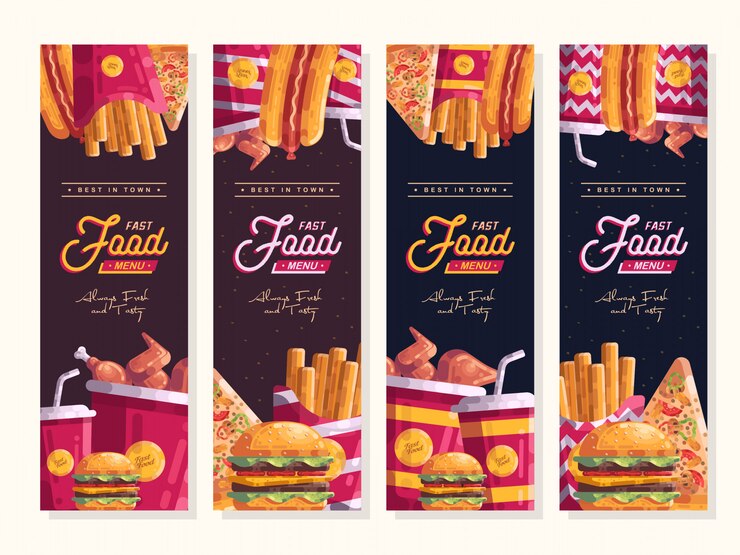 Plantilla de conjunto de vectores de comida rápida menú Banner vertical