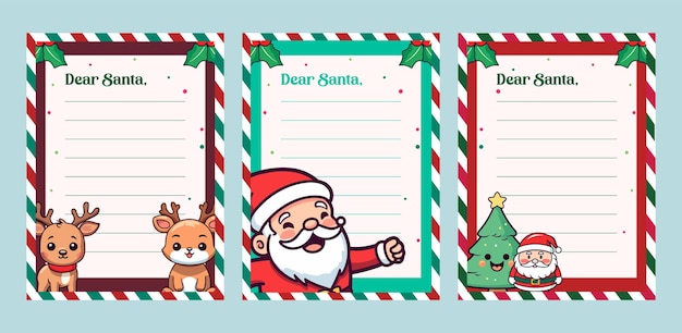 Plantilla de conjunto vectorial de Navidad para carta a Papá Noel con árbol de Papá Noel de renos