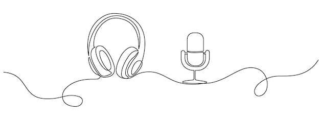 Una plantilla continua de micrófono lineal editable y auriculares Podcast de sonido de radio en estilo de arte de línea Ilustración vectorial