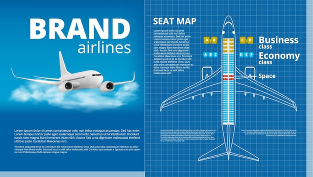 Plantilla de contorno blanco del mapa de asientos de clase ejecutiva o económica de avión