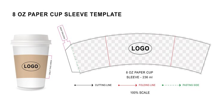 Vector plantilla de corte de la manga de la taza de café para 8 onzas