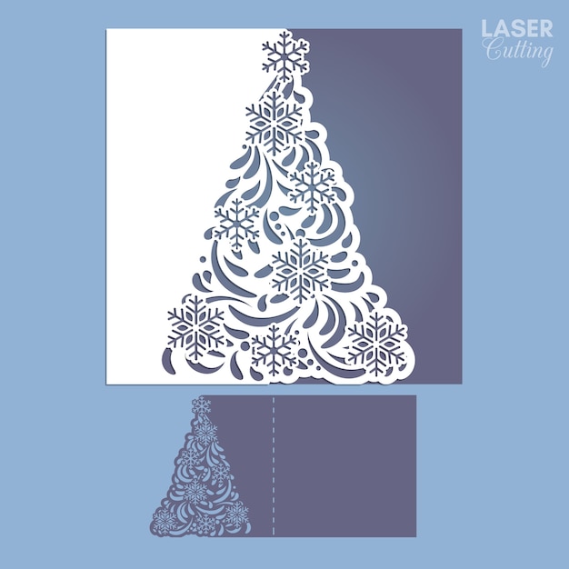 Plantilla de corte de tarjeta de Navidad cortada con láser con árbol de Navidad.