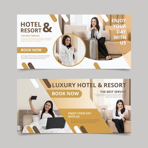 Plantilla creativa de banner de hotel plano con foto