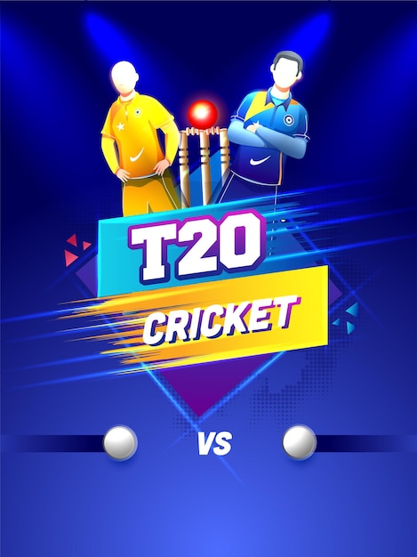 Vector plantilla de cricket t20 o diseño de póster con jugadores de críquet sin rostro del equipo participante sobre fondo azul de semitono.