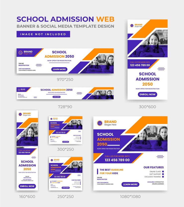 Vector plantilla cuadrada de conjunto de paquete de banner web y redes sociales de diseño de portada de admisión de educación escolar