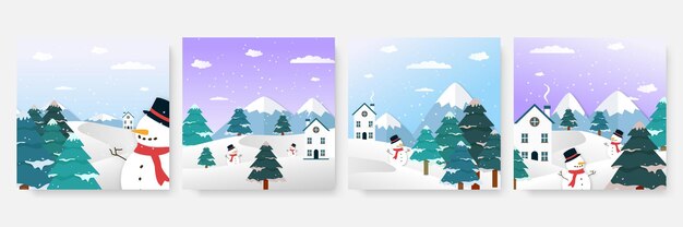 Plantilla cuadrada de venta de fin de año y año nuevo de Navidad de invierno para redes sociales. Tarjeta universal navideña de invierno con nieve, globo, regalo, árbol, montaña, estrella y copo de nieve, purpurina y muñeco de nieve.