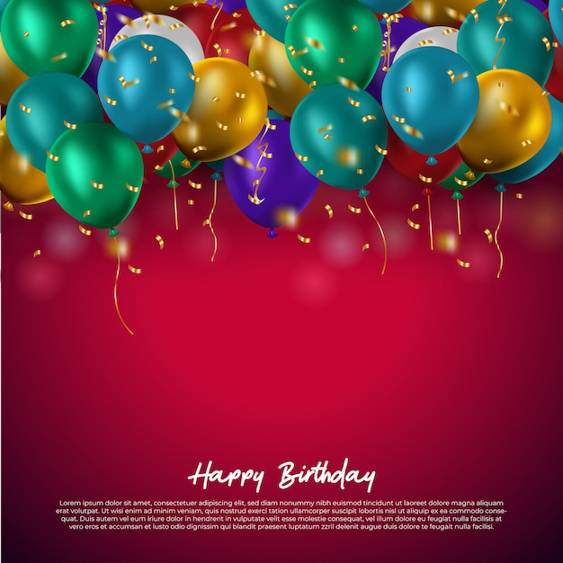 Vector plantilla de cumpleaños con globos de colores sobre fondo rojo