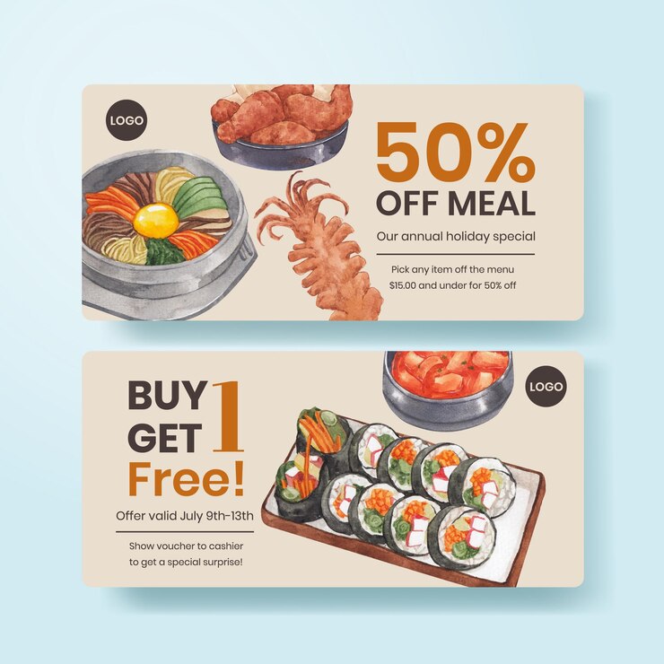 Vector plantilla de cupón con concepto de comida coreana, estilo acuarela
