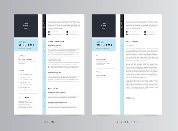 Plantilla de currículum vitae limpio o CV y carta de presentación