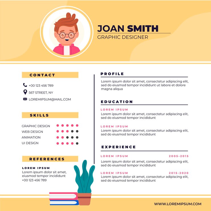Vector plantilla de curriculum vitae online con plantas y libros