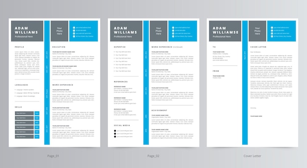 Plantilla de currículum vitae profesional o CV y carta de presentación