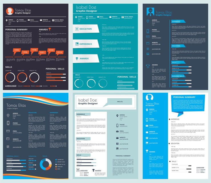 Vector plantilla de cv empresarial, curriculum vitae. ilustración del conjunto de documentos de currículum
