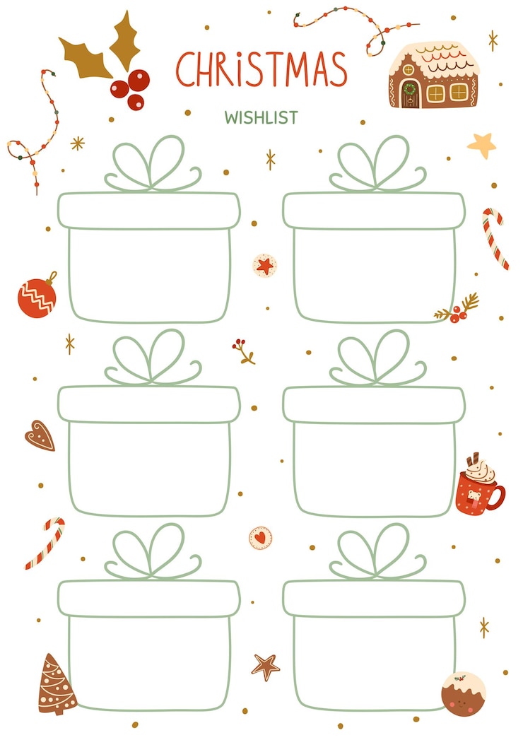 Vector plantilla de deseos de navidad cajas de regalos en blanco con forma de galleta de pan de jengibre de navidad decorada vector