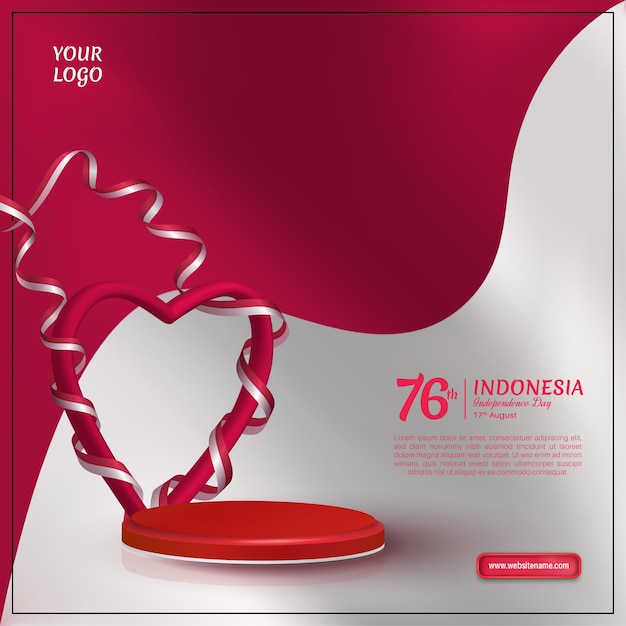 Plantilla del día de la independencia de indonesia con corazón envuelto en bandera de cinta sobre fondo rojo y blanco