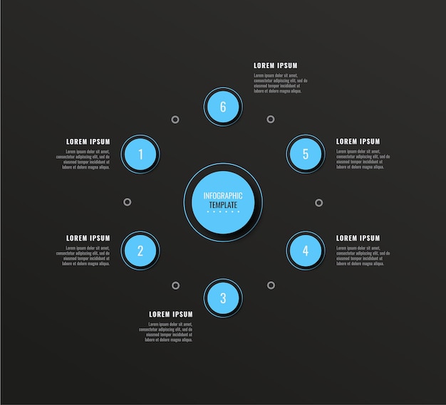 Vector plantilla de diagrama infográfico circular con seis elementos redondos de color azul claro sobre un fondo negro