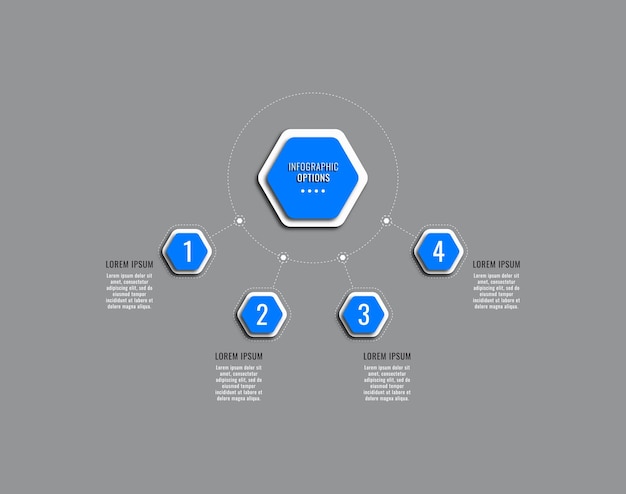 Plantilla de diagrama infográfico de cuatro pasos con elementos hexagonales azules. visualización de negocios