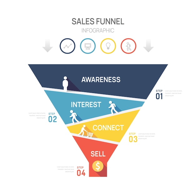 Plantilla de diagrama infográfico de embudo de ventas para negocios6 flechas de paso marketing e infografías de vectores de negocios de inicio