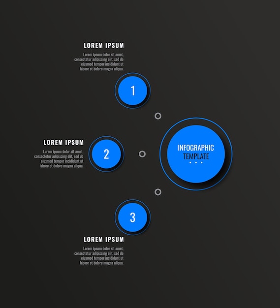 Plantilla de diagrama infográfico empresarial vertical con tres pasos redondos azules sobre un fondo negro