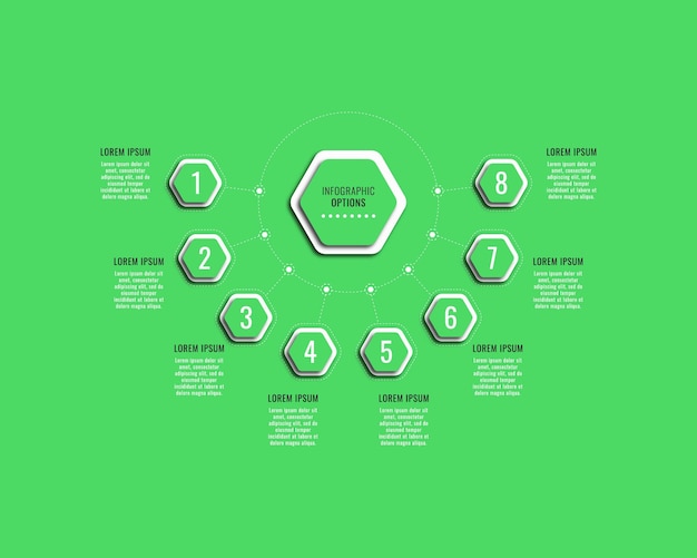 Plantilla de diagrama infográfico horizontal verde con ocho elementos hexagonales y cuadros de texto