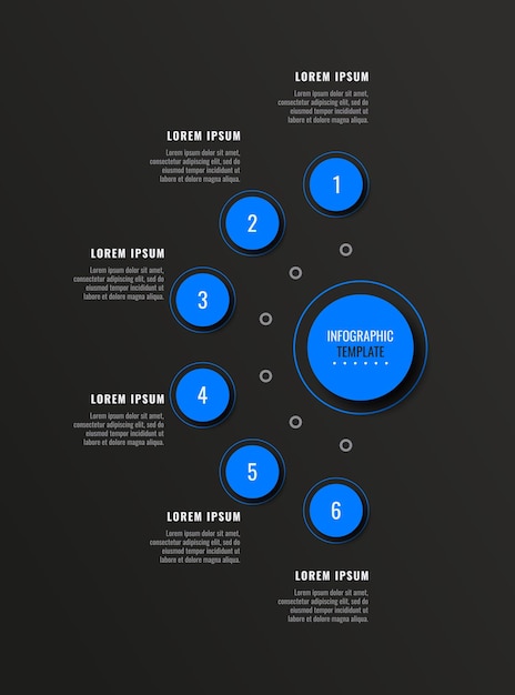 Vector plantilla de diagrama infográfico moderno con seis elementos redondos azules sobre un fondo negro