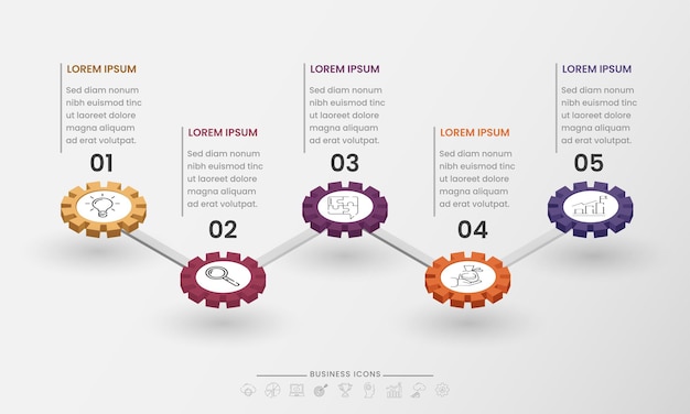 Plantilla de diagrama infográfico de presentación empresarial con cinco opciones y rueda dentada 3D sobre fondo blanco