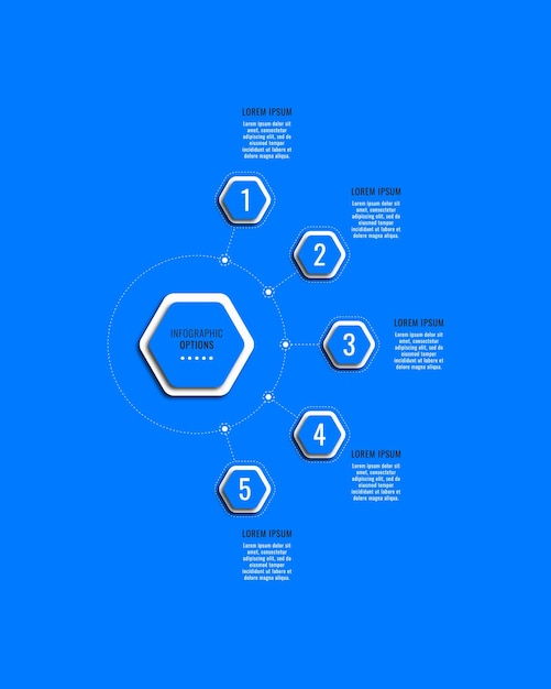 Plantilla de diagrama infográfico vertical azul con cinco elementos hexagonales y cuadros de texto