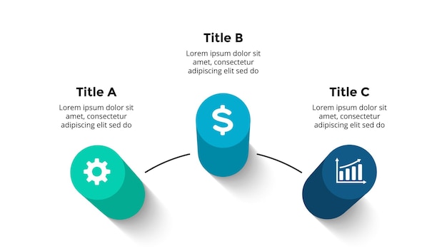 Plantilla de diapositiva de presentación de infografía de perspectiva vectorial 3d flechas de opciones de 3 pasos diagrama de círculo