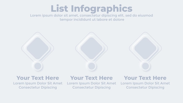 Plantilla de diapositiva de presentación de negocios neumórfica infográfica de forma cuadrada de tres pasos