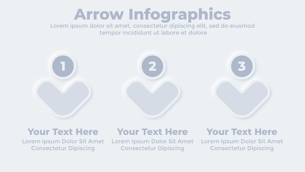 Plantilla de diapositiva de presentación de negocios neumórficos infográficos de tres pasos de flecha