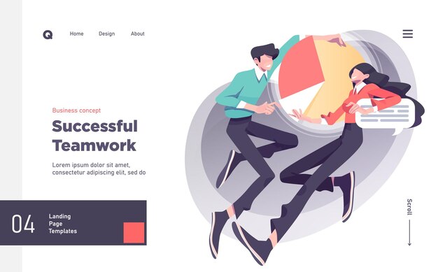 Plantilla de diapositiva de presentación de trabajo en equipo o diseño de sitio web de página de destino