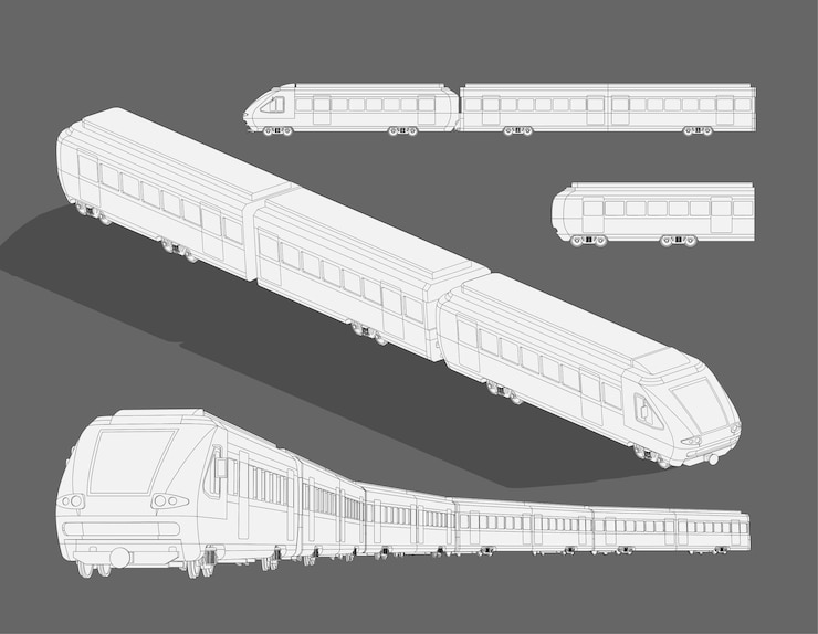 Plantilla de dibujo de tren de alta velocidad moderno de vapor realista. dibujo para colorear tren modelo 3d. Ilustración de dibujos animados en blanco y negro. Papel para colorear, página, libro de cuentos.