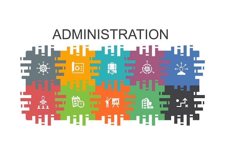 Vector plantilla de dibujos animados de administración con elementos planos. contiene iconos como gestión, programación, presentación, corporación