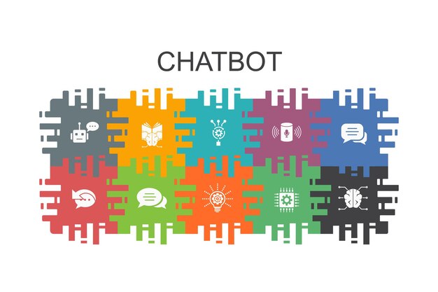 Plantilla de dibujos animados de chatbot con elementos planos. Contiene iconos como asistente de voz, respuesta automática, chat, tecnología
