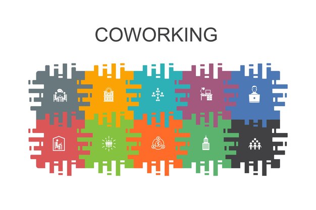 Plantilla de dibujos animados de coworking con elementos planos Contiene íconos como colaboración de oficina creativa lugar de trabajo economía compartida