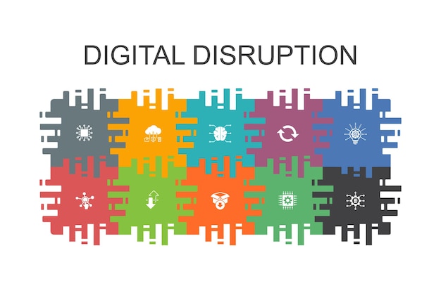 Plantilla de dibujos animados de disrupción digital con elementos planos. Contiene íconos como tecnología, innovación, IOT, íconos de digitalización