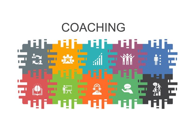 plantilla de dibujos animados de entrenamiento con elementos planos. Contiene iconos como apoyo, mentor, habilidades, formación