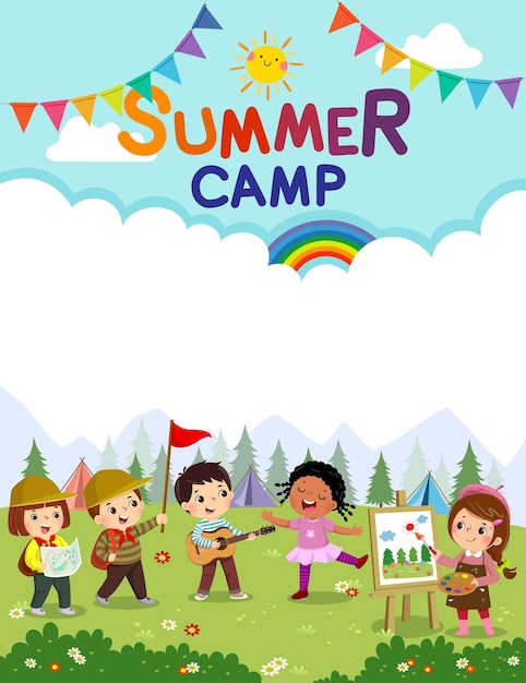 Plantilla con dibujos animados de niños haciendo actividades de camping. Cartel de campamento de verano para niños.